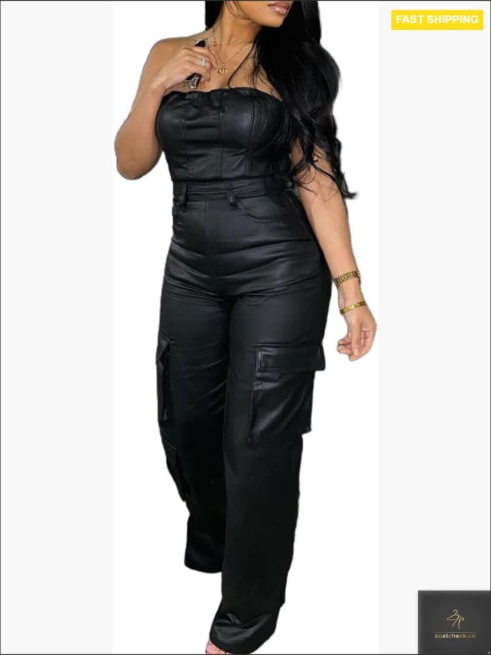 PU Leather Jumpsuit Off Shoulder Sexy Slim Fit Cargo Pants Bodysuit Y2K